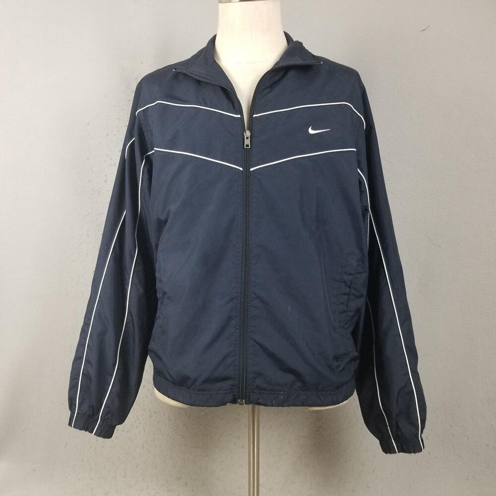 Nike Windbreaker Jacket‎ Mens Large Blue Full Zip Mesh Lined White Piping Swoosh
